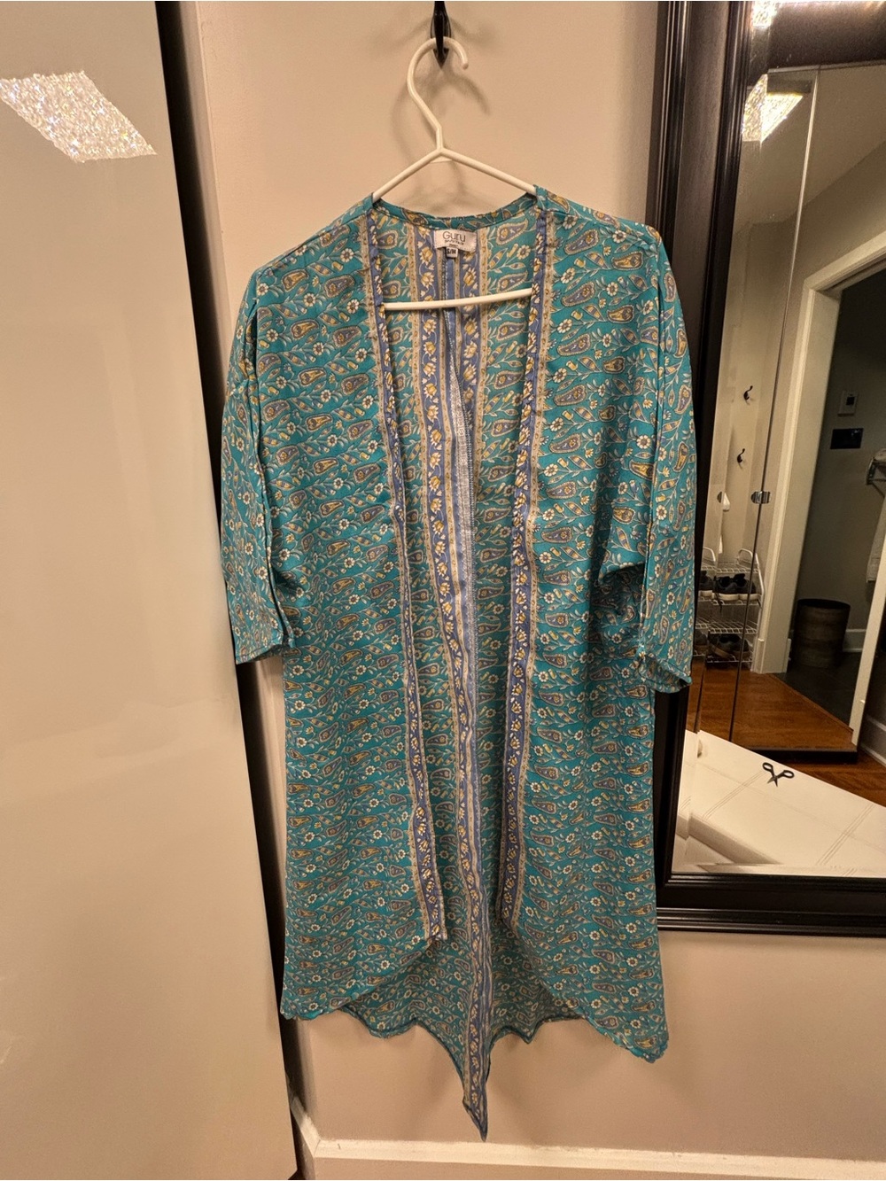 Teal Printed Open Kimono Cardigan